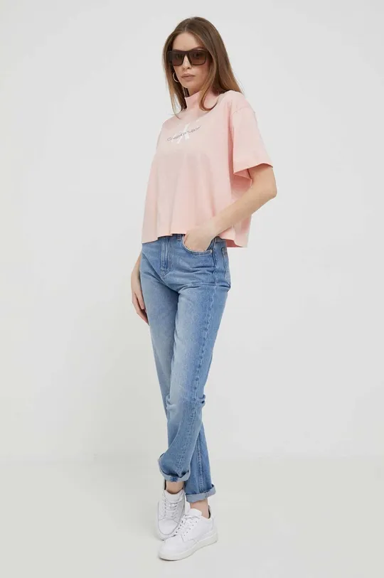 Βαμβακερό μπλουζάκι Calvin Klein Jeans ροζ