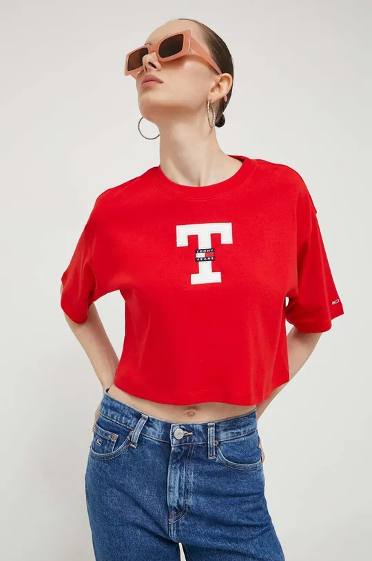 κόκκινο Βαμβακερό μπλουζάκι Tommy Jeans Γυναικεία