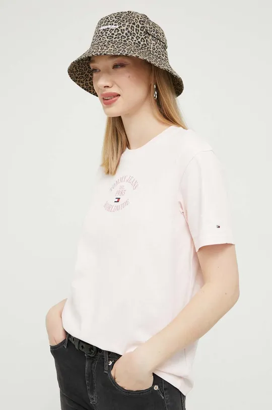 roza Bombažna kratka majica Tommy Jeans Ženski