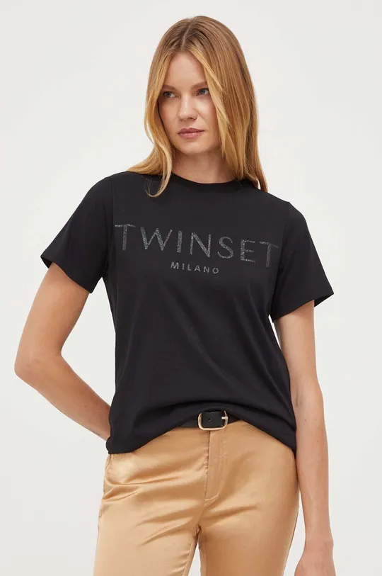 μαύρο Βαμβακερό μπλουζάκι Twinset Γυναικεία