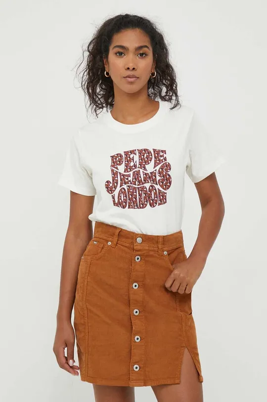 μπεζ Βαμβακερό μπλουζάκι Pepe Jeans Claritza Γυναικεία