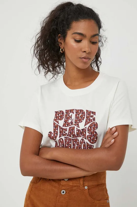 μπεζ Βαμβακερό μπλουζάκι Pepe Jeans Claritza
