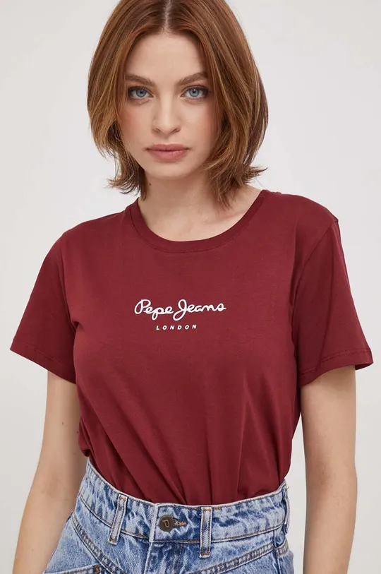 μπορντό Βαμβακερό μπλουζάκι Pepe Jeans Wendys Γυναικεία