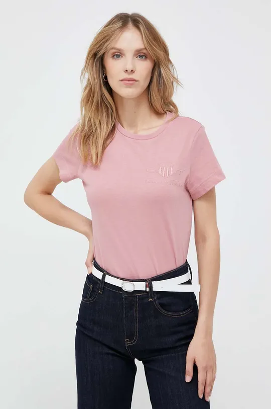 Βαμβακερό μπλουζάκι Gant ροζ