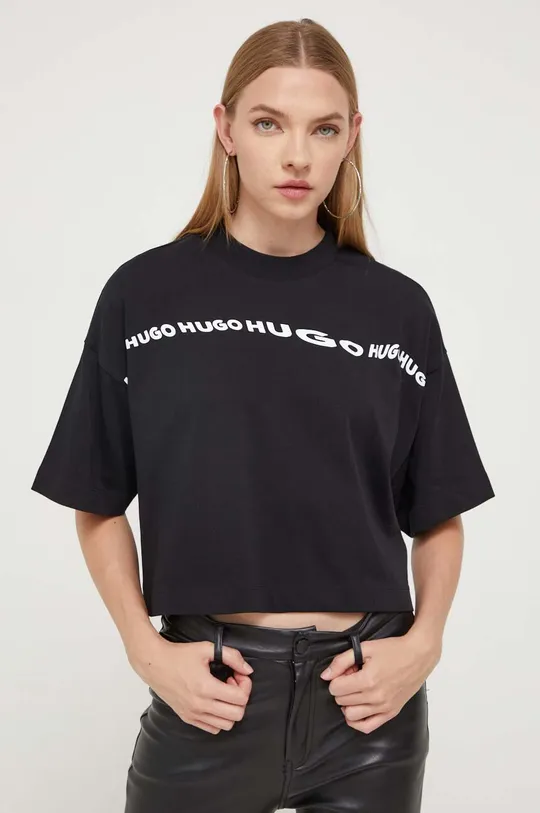 črna Bombažna kratka majica HUGO Ženski