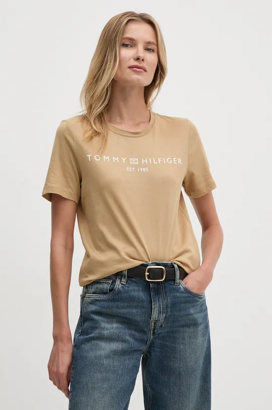 Хлопковая футболка Tommy Hilfiger хлопок бежевый WW0WW40276