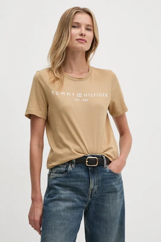 Tommy Hilfiger t-shirt bawełniany nadruk beżowy WW0WW40276