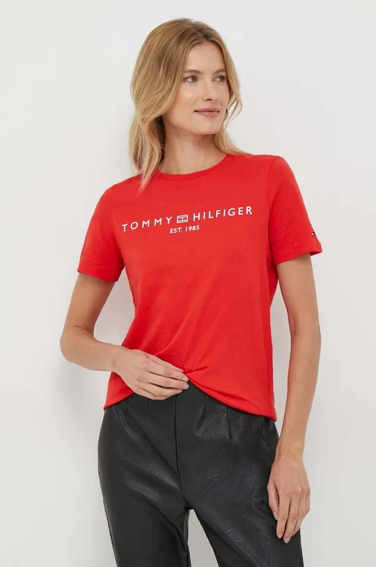 rdeča Bombažna kratka majica Tommy Hilfiger Ženski