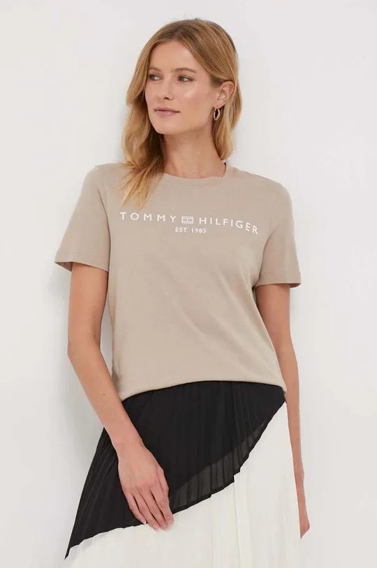 μπεζ Βαμβακερό μπλουζάκι Tommy Hilfiger Γυναικεία
