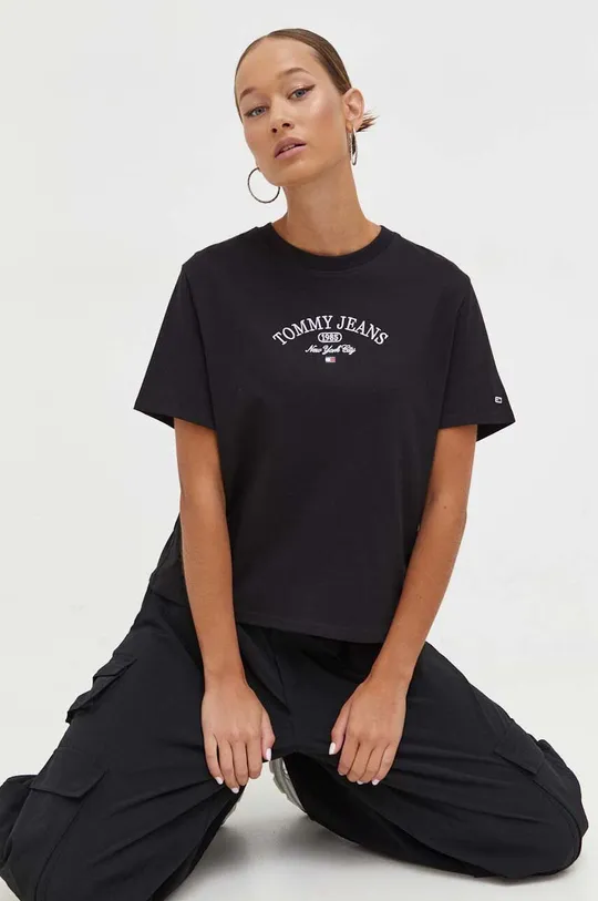 μαύρο Βαμβακερό μπλουζάκι Tommy Jeans Γυναικεία