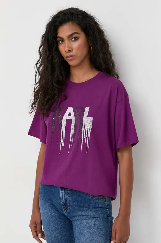 vijolična Bombažna kratka majica Karl Lagerfeld Ženski