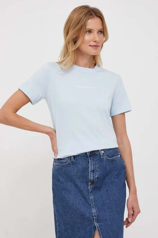 μπλε Βαμβακερό μπλουζάκι Calvin Klein Jeans Γυναικεία