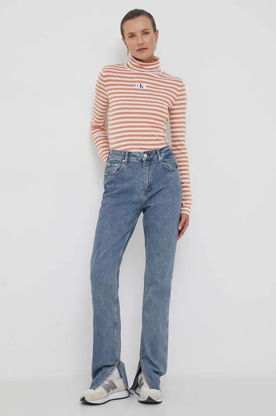 Βαμβακερή μπλούζα με μακριά μανίκια Calvin Klein Jeans μπεζ