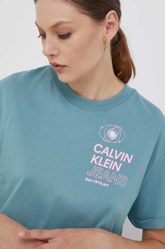 голубой Хлопковая футболка Calvin Klein Jeans