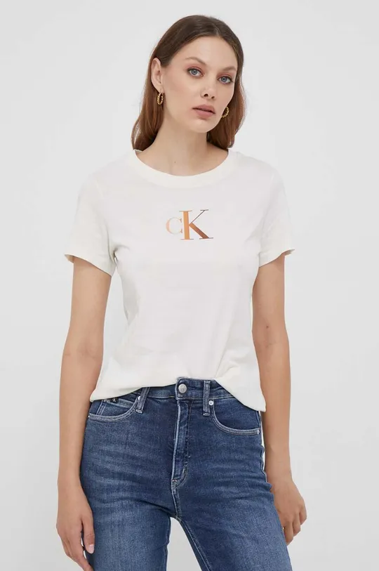 bež Bombažna kratka majica Calvin Klein Jeans Ženski