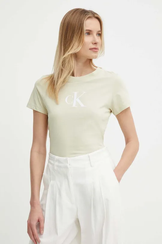 zelena Bombažna kratka majica Calvin Klein Jeans Ženski