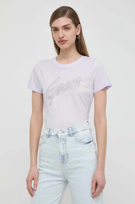 vijolična Bombažna kratka majica Guess Ženski
