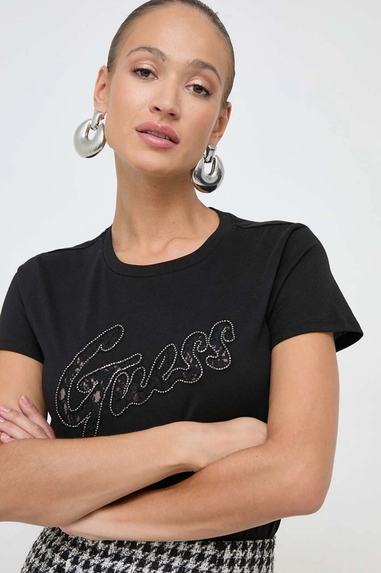 чёрный Хлопковая футболка Guess Женский