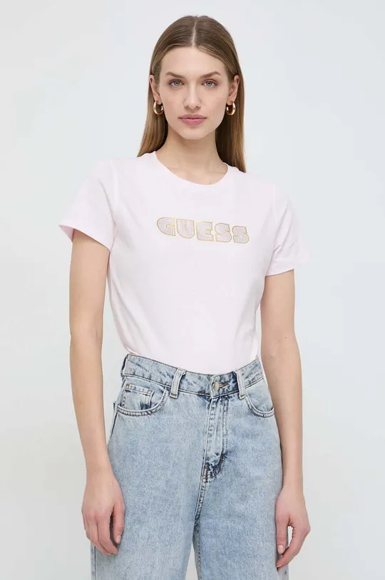 różowy Guess t-shirt bawełniany GLOSSY Damski