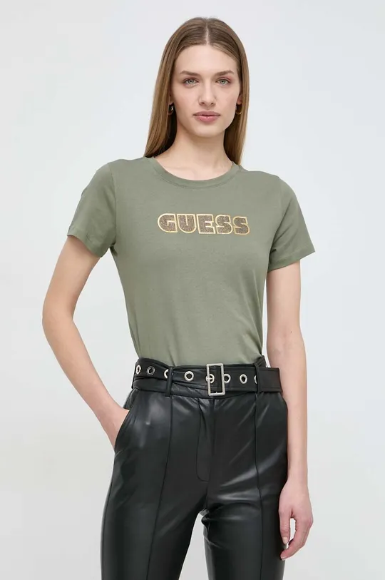 Bombažna kratka majica Guess zelena