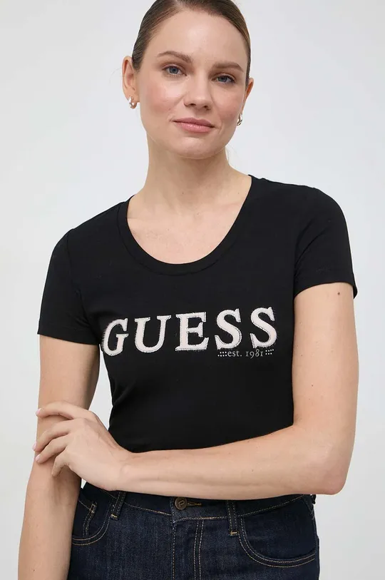 czarny Guess t-shirt PONY HAIR Damski