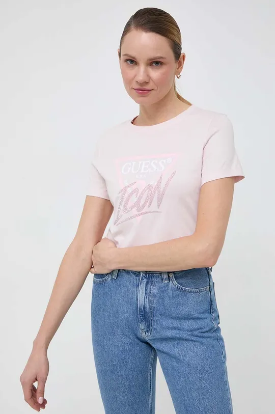 rózsaszín Guess pamut póló ICON Női
