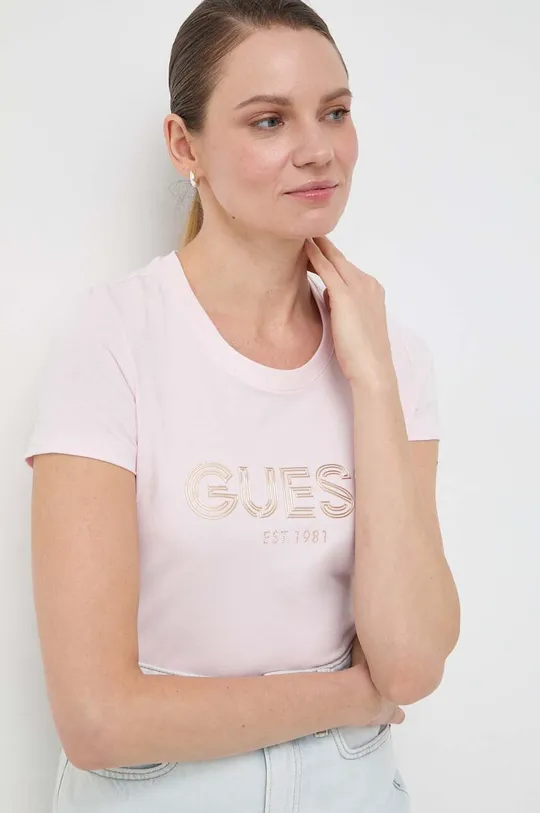 różowy Guess t-shirt BOLD Damski
