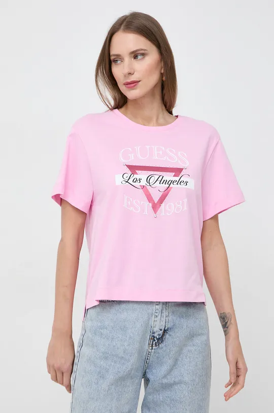 różowy Guess t-shirt bawełniany BOXY Damski
