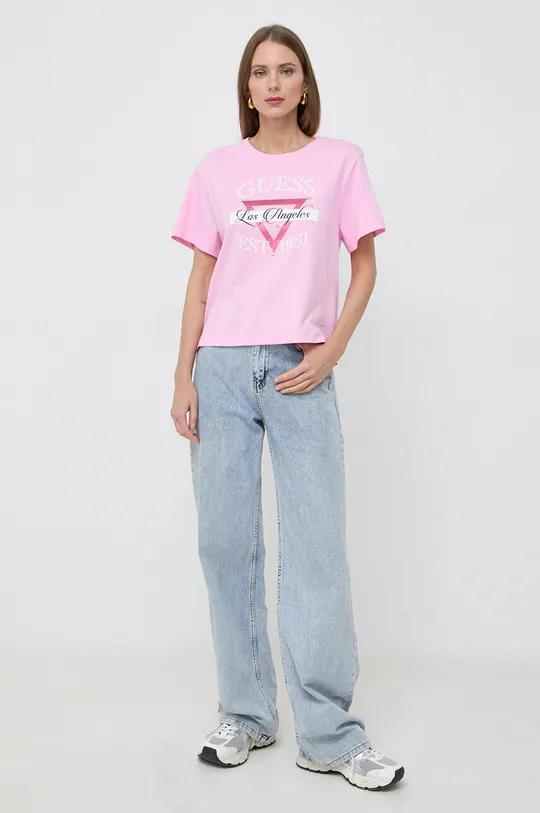 Guess t-shirt bawełniany BOXY różowy