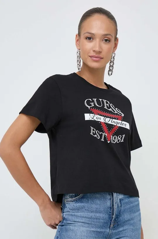 czarny Guess t-shirt bawełniany BOXY Damski