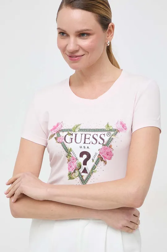 różowy Guess t-shirt FLORAL Damski