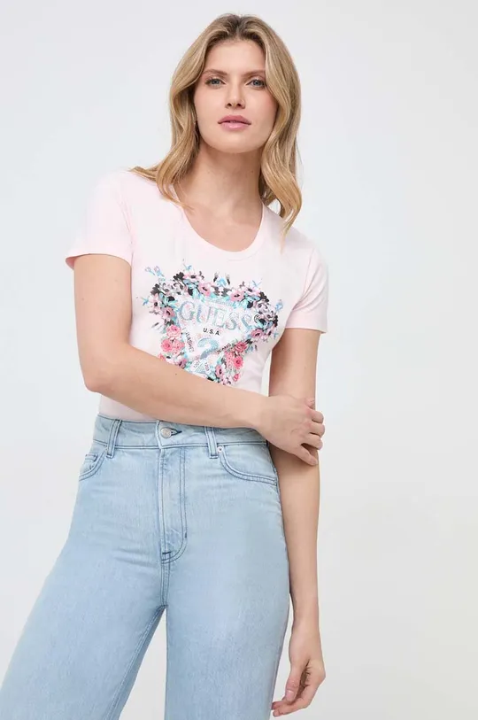 różowy Guess t-shirt FLOWERS Damski