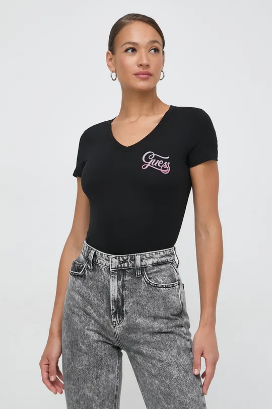 fekete Guess t-shirt HADED GLITTERY