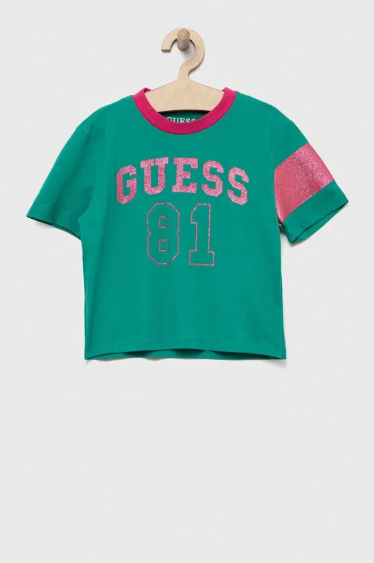 зелёный Детская хлопковая футболка Guess Для девочек