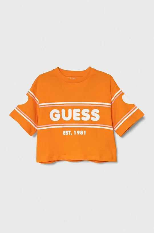 оранжевый Детская хлопковая футболка Guess Для девочек