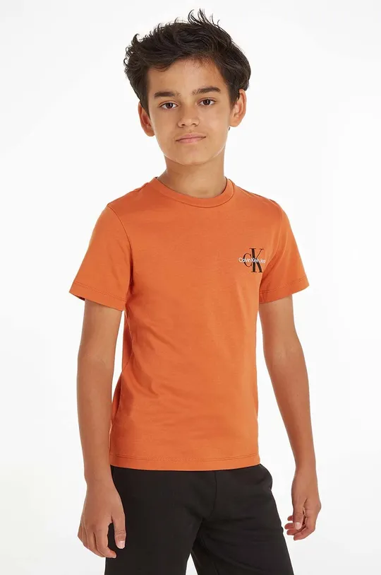 rjava Otroška bombažna kratka majica Calvin Klein Jeans Otroški