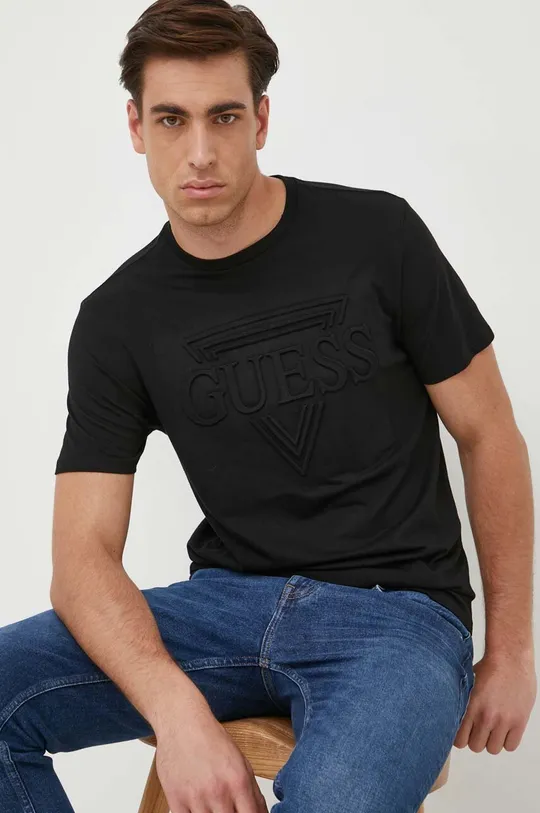 μαύρο Βαμβακερό μπλουζάκι Guess Ανδρικά