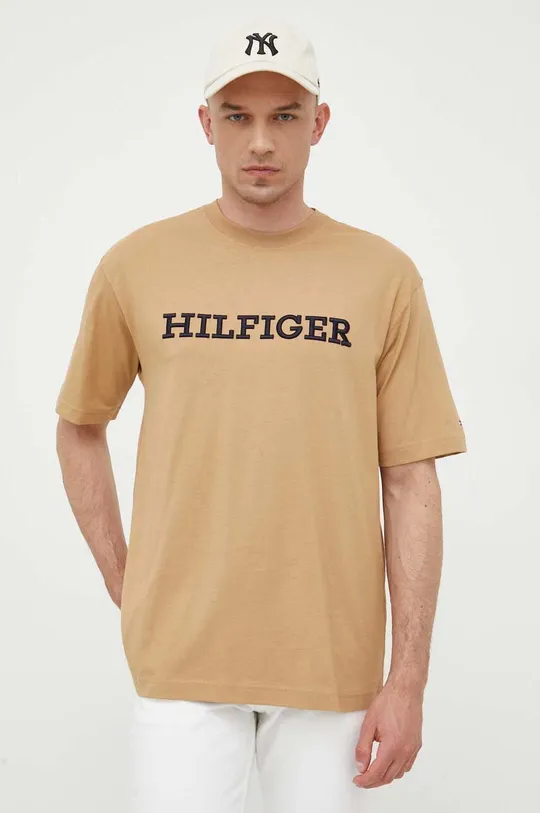 Bombažna kratka majica Tommy Hilfiger bež