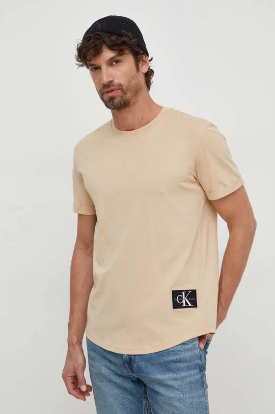 beżowy Calvin Klein Jeans t-shirt bawełniany Męski