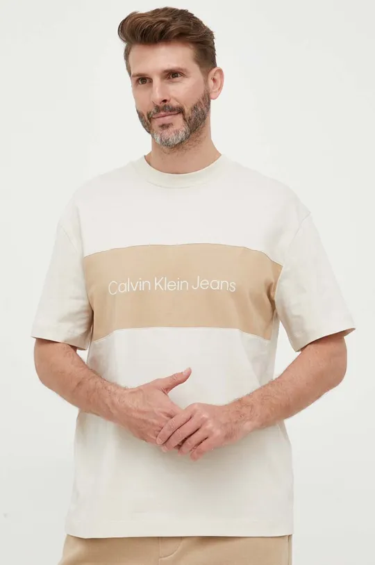 μπεζ Βαμβακερό μπλουζάκι Calvin Klein Jeans Ανδρικά