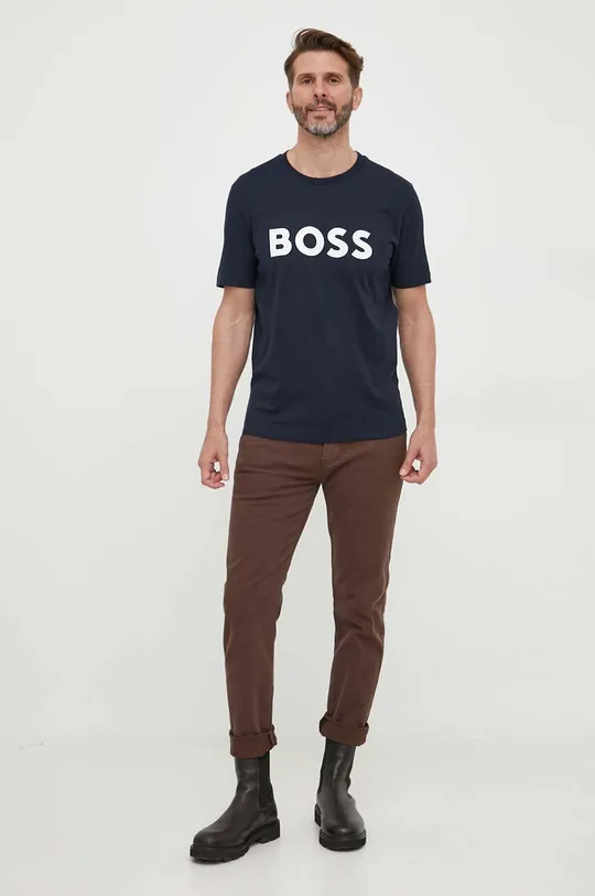 Bombažna kratka majica BOSS mornarsko modra