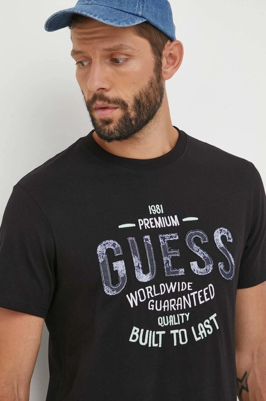 μαύρο Βαμβακερό μπλουζάκι Guess Ανδρικά