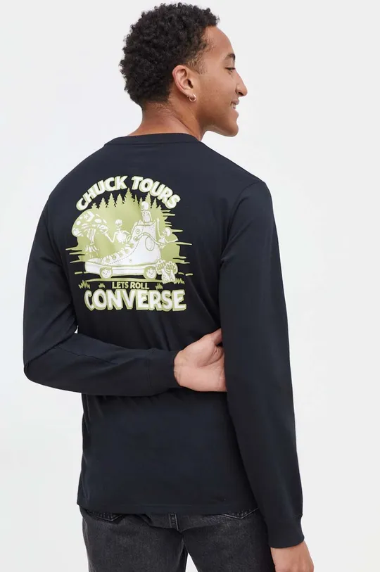 čierna Bavlnené tričko s dlhým rukávom Converse Pánsky