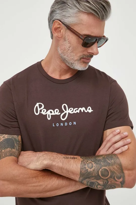 καφέ Βαμβακερό μπλουζάκι Pepe Jeans EGGO Ανδρικά
