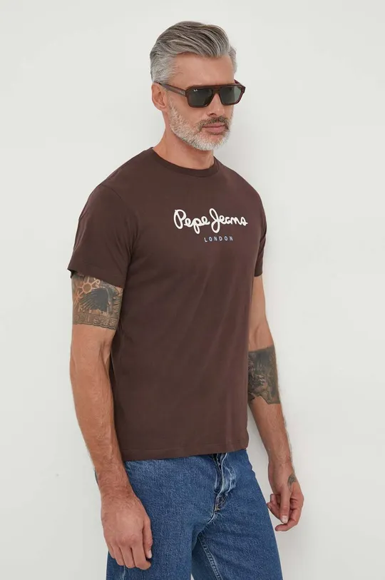 καφέ Βαμβακερό μπλουζάκι Pepe Jeans EGGO