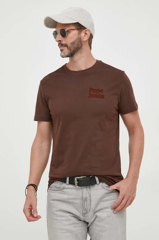 καφέ Βαμβακερό μπλουζάκι Pepe Jeans Ανδρικά