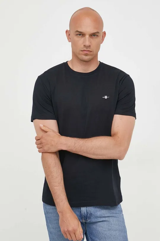 czarny Gant t-shirt bawełniany Męski