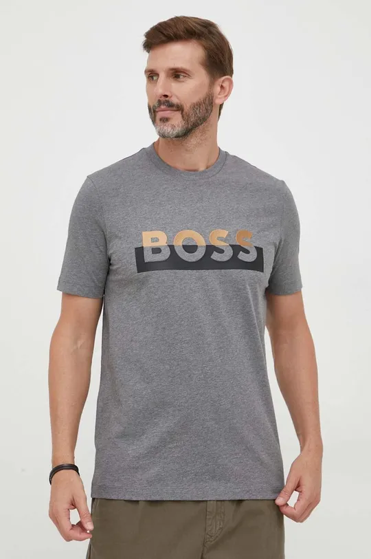 siva Bombažna kratka majica BOSS Moški
