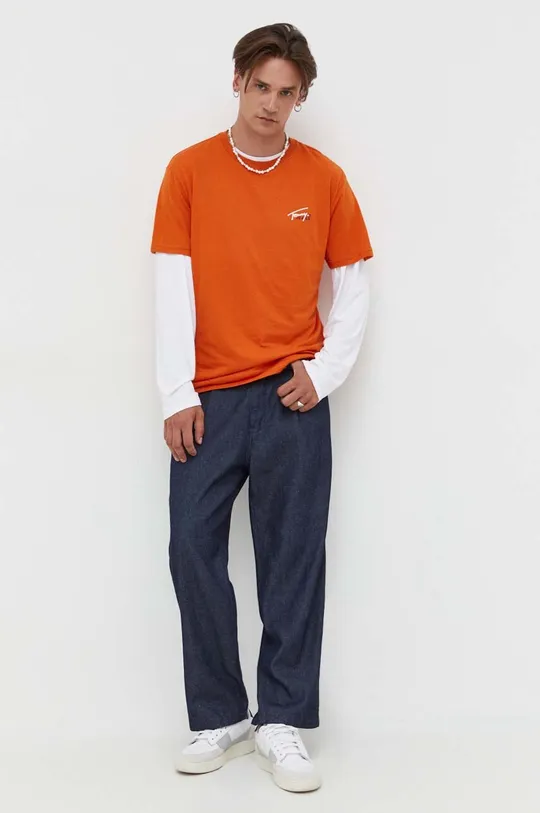 Bombažna kratka majica Tommy Jeans oranžna