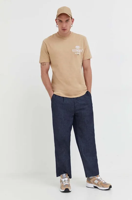 Bombažna kratka majica Tommy Jeans bež